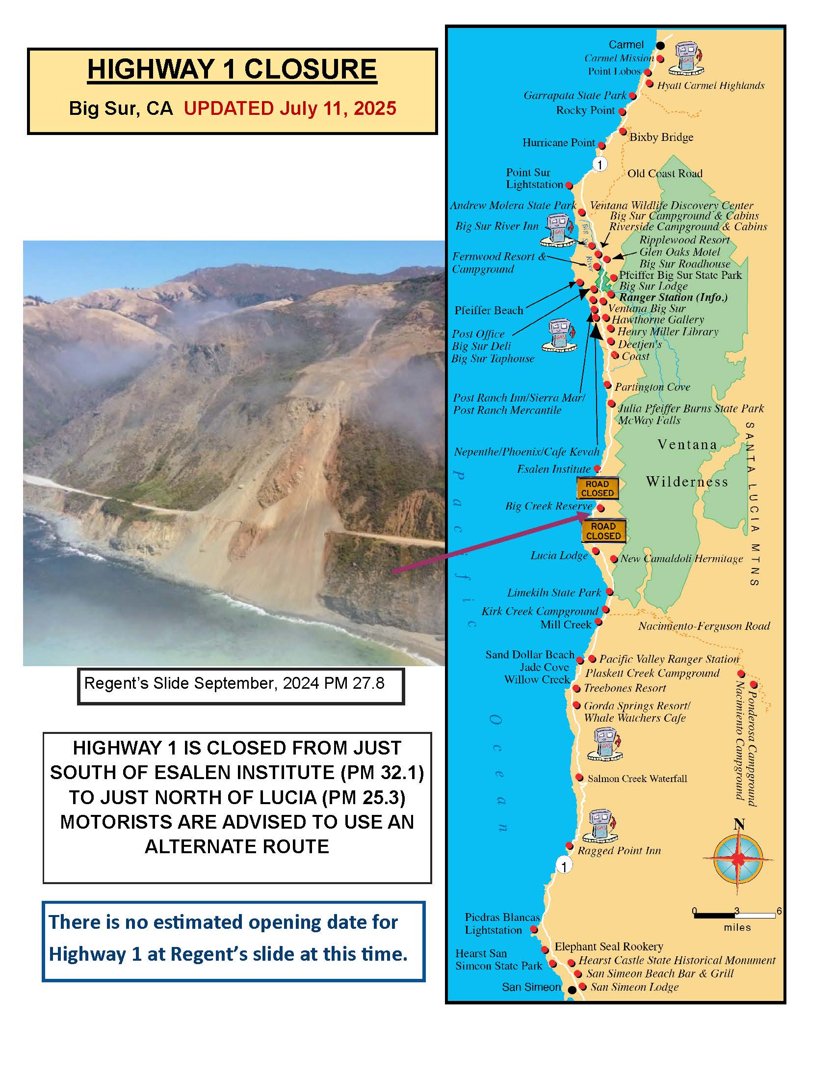 Highway 1 Road Closure Map Updated as of 7.11.25